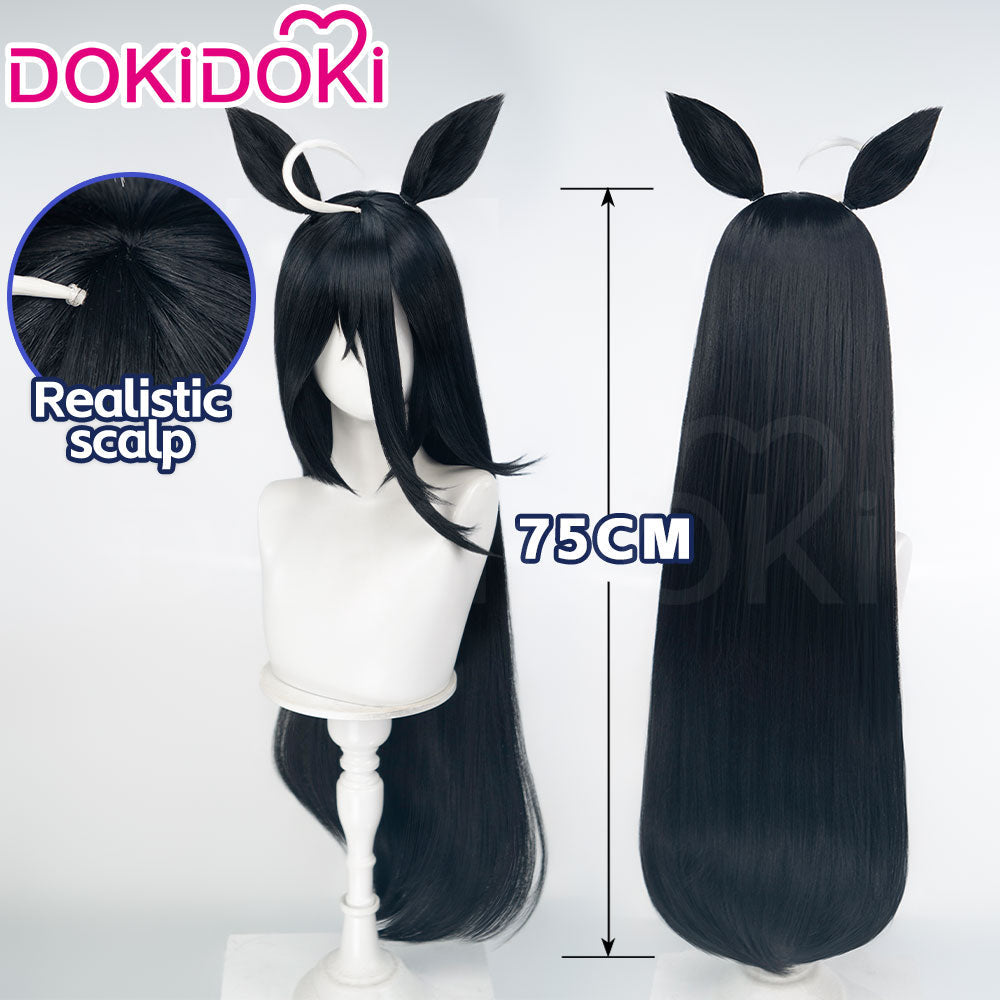 【Ready For Ship】DokiDoki Game Cosplay Wig Long Straight Black Hair Detachable Ears