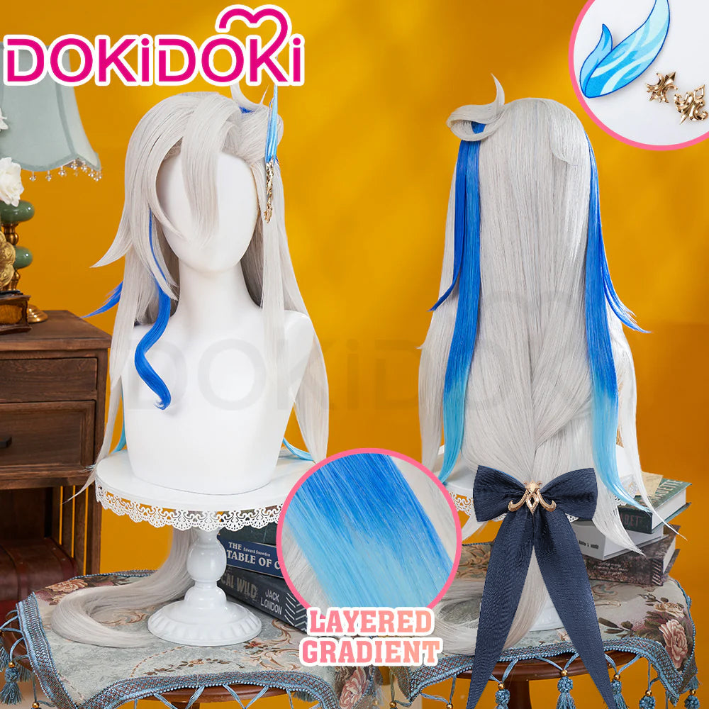 【Partially Ready For Ship】DokiDoki Game Genshin Impact Cosplay Fontaine Neuvillette Wig Long Grey Blue Highlight / Lightstrip / Wefts Melusent Gift