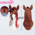 DokiDoki Game Cosplay Wig Long Curly Brown Hair Silver Red Highlight Detachable Ears