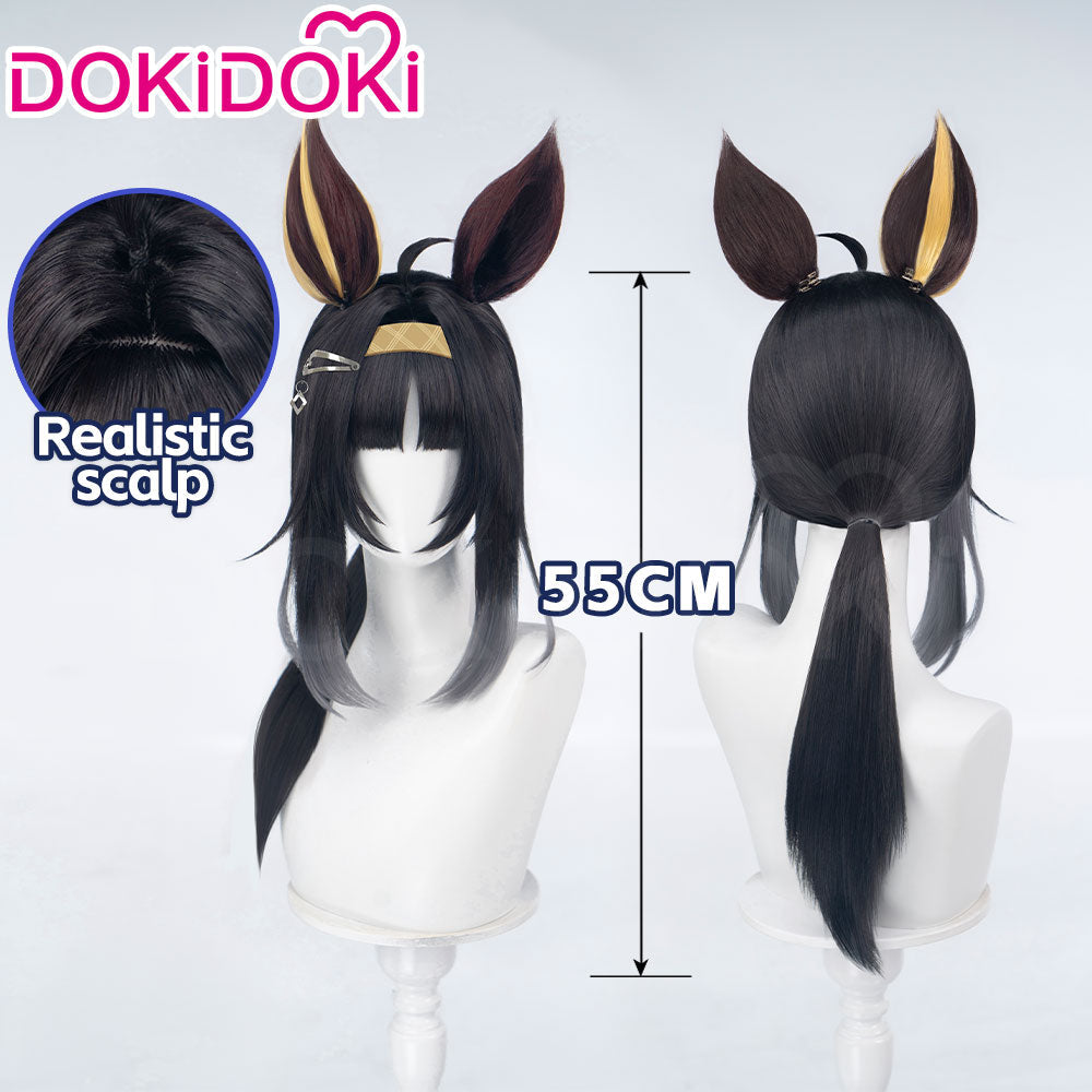 DokiDoki Game Cosplay Wig Long Straight Black Hair Ponytail Brown Yellow Detachable Ears