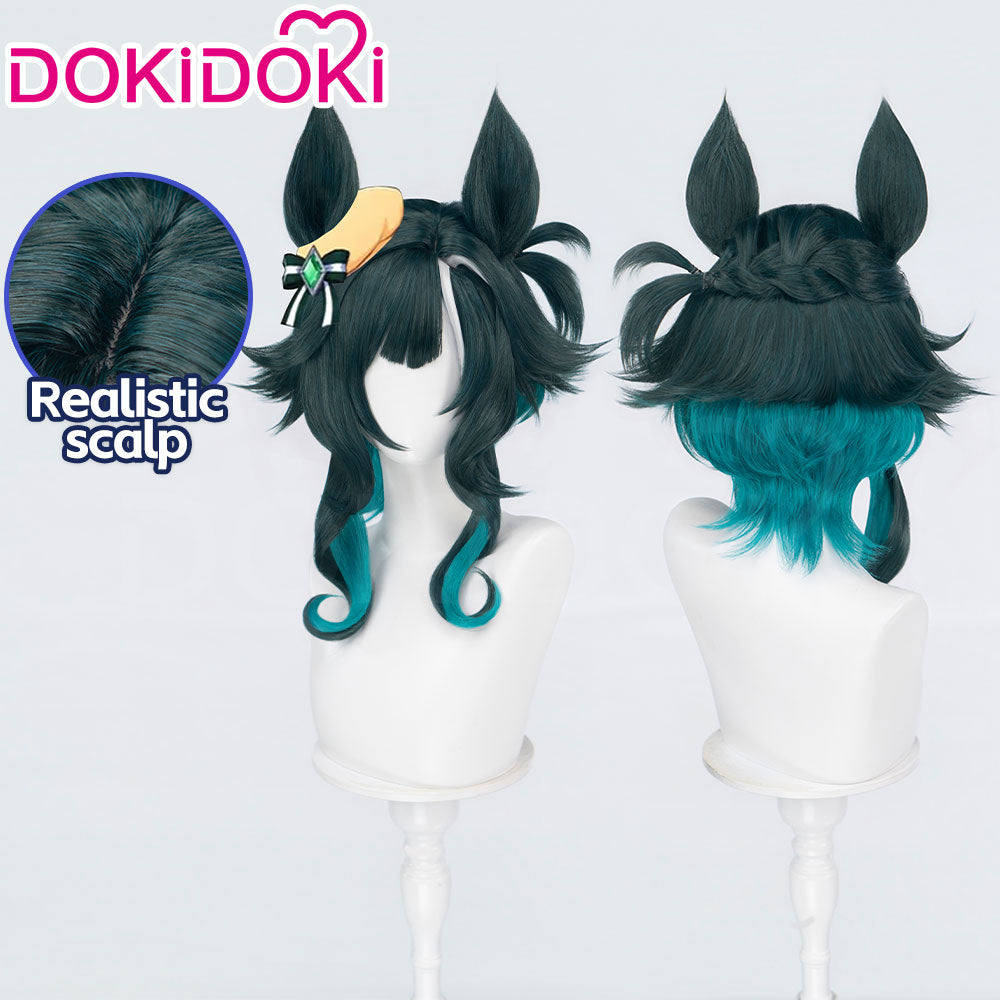 DokiDoki Game Cosplay Wig Short Curly Green Hair White Highlight Detachable Ears