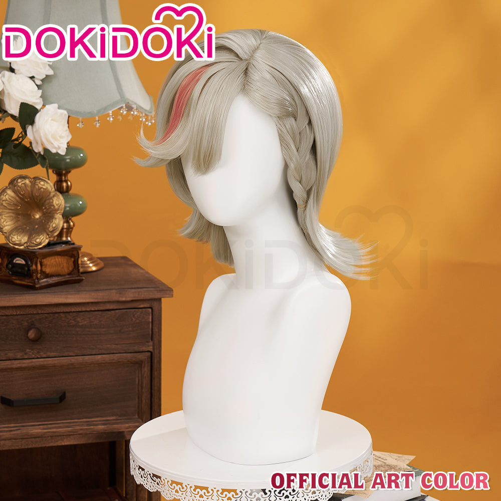 【Partially Ready For Ship】DokiDoki Game Genshin Impact Cosplay Fontaine Lyney Wig Short Silver Red Highlight/ Wefts/ Tattoo Sticker