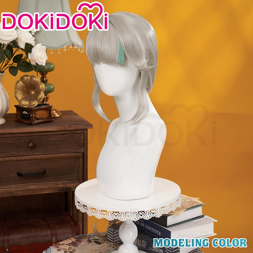 DokiDoki Game Genshin Impact Cosplay Fontaine  Lynette Wig Silver Cute Green Hight Hair/ Wefts/Tattoo Sticker