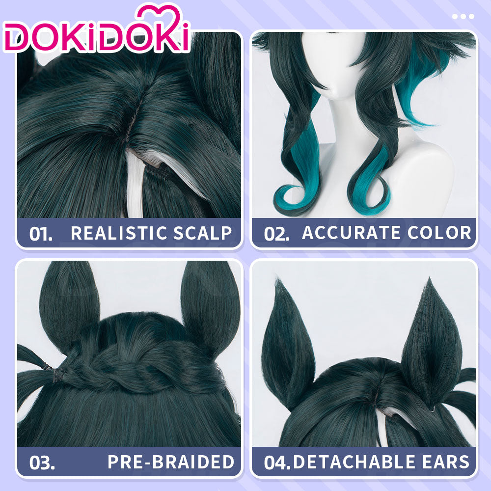 DokiDoki Game Cosplay Wig Short Curly Green Hair White Highlight Detachable Ears