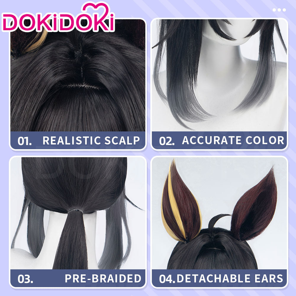 DokiDoki Game Cosplay Wig Long Straight Black Hair Ponytail Brown Yellow Detachable Ears