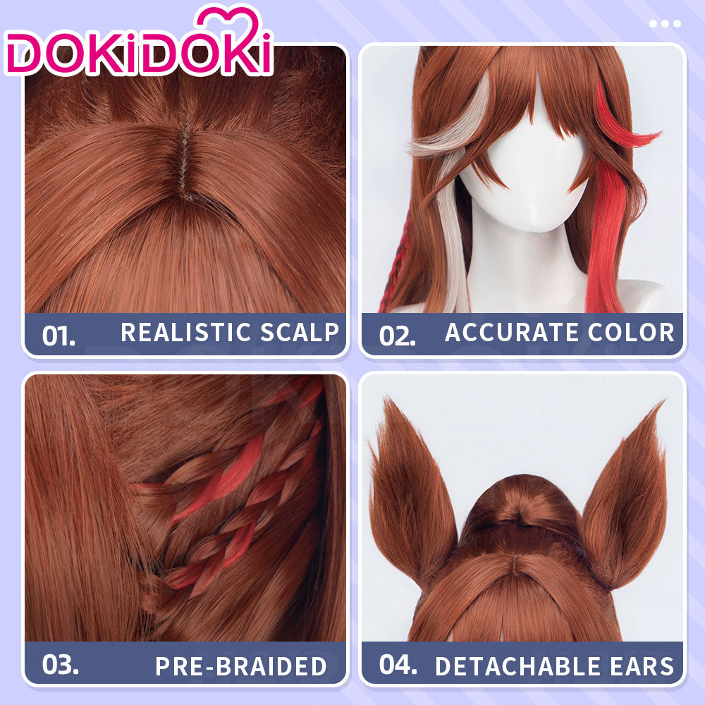 DokiDoki Game Cosplay Wig Long Curly Brown Hair Silver Red Highlight Detachable Ears