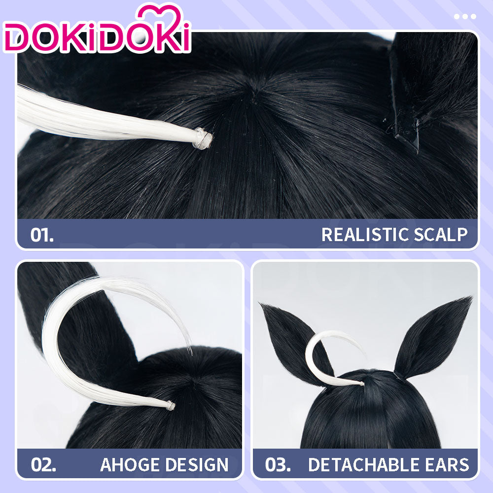 【Ready For Ship】DokiDoki Game Cosplay Wig Long Straight Black Hair Detachable Ears