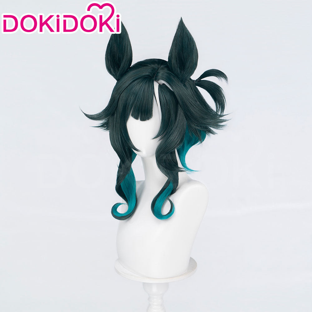 DokiDoki Game Cosplay Wig Short Curly Green Hair White Highlight Detachable Ears