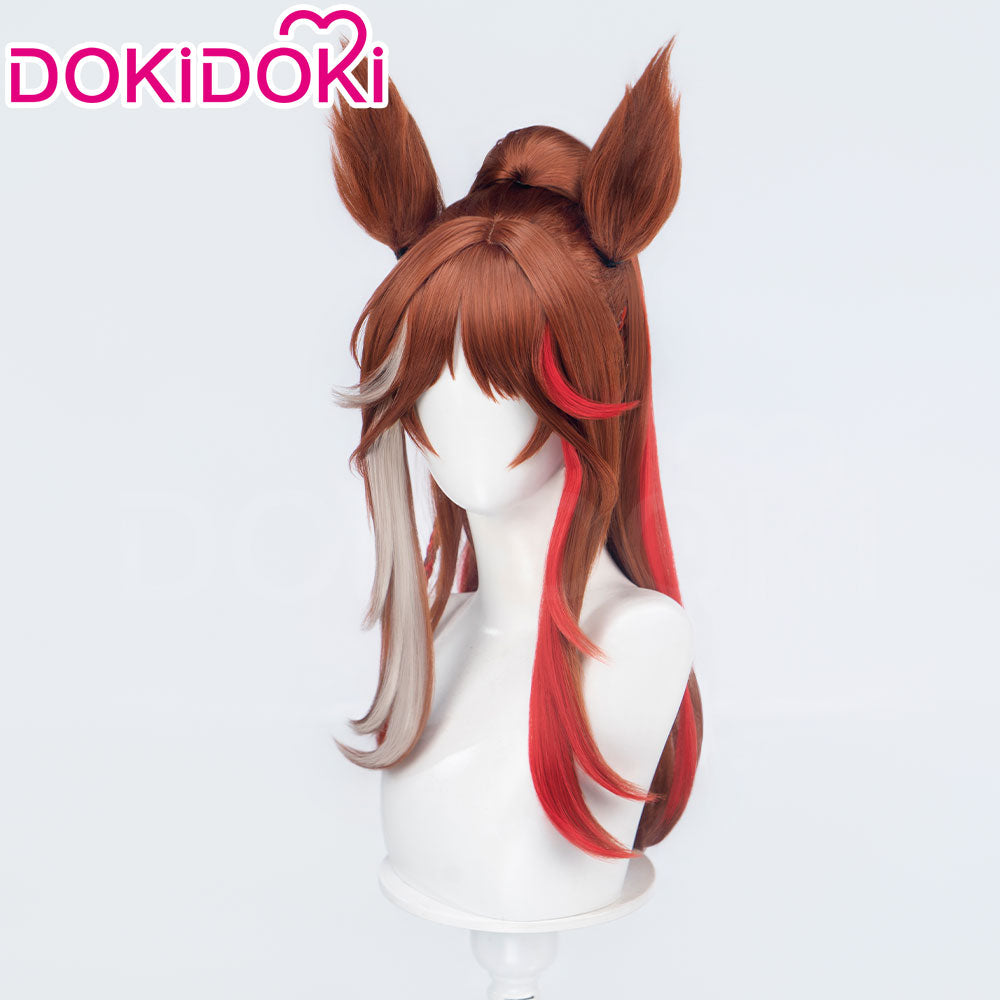 DokiDoki Game Cosplay Wig Long Curly Brown Hair Silver Red Highlight Detachable Ears