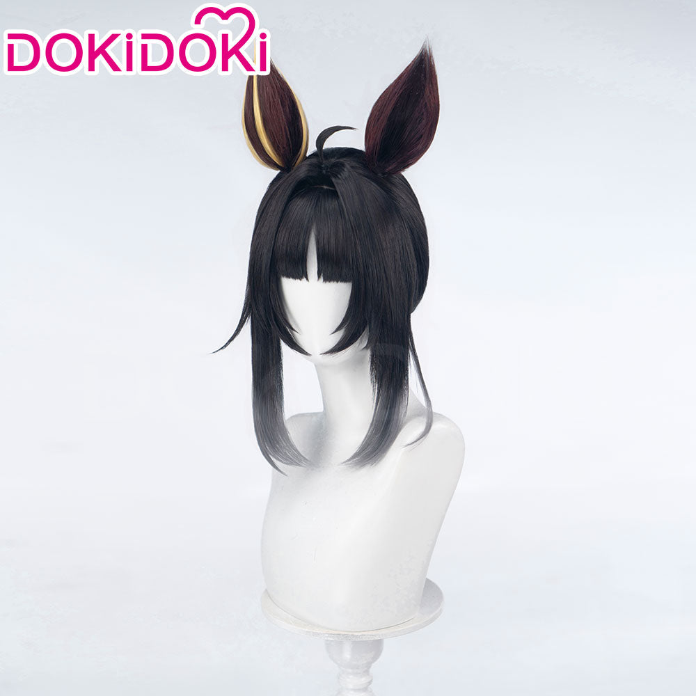 DokiDoki Game Cosplay Wig Long Straight Black Hair Ponytail Brown Yellow Detachable Ears