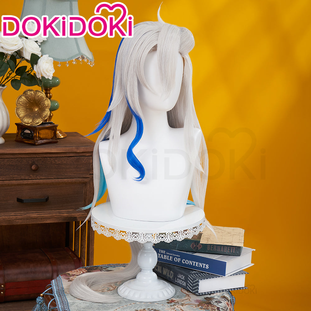【Partially Ready For Ship】DokiDoki Game Genshin Impact Cosplay Fontaine Neuvillette Wig Long Grey Blue Highlight / Lightstrip / Wefts Melusent Gift
