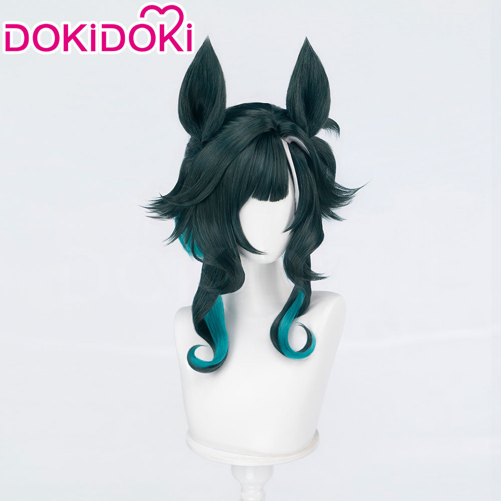 DokiDoki Game Cosplay Wig Short Curly Green Hair White Highlight Detachable Ears