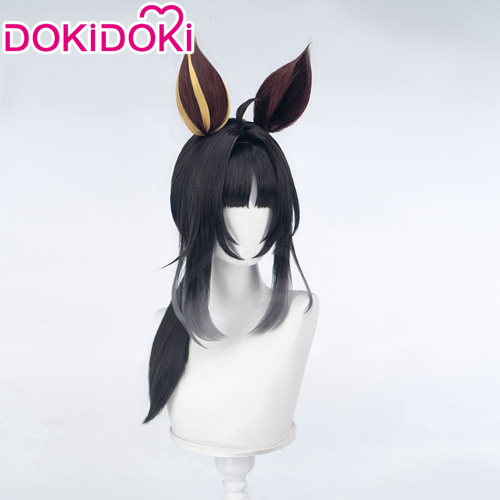 DokiDoki Game Cosplay Wig Long Straight Black Hair Ponytail Brown Yellow Detachable Ears