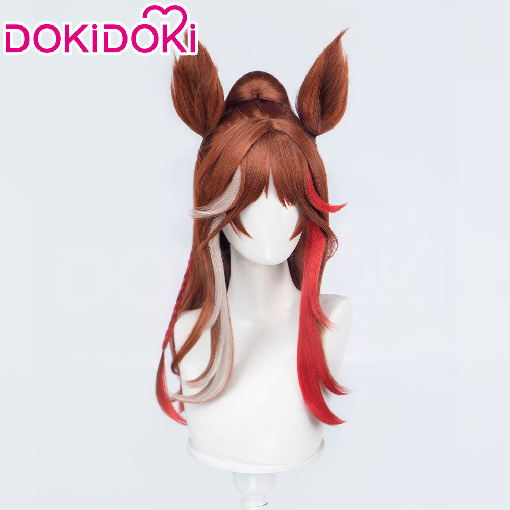 DokiDoki Game Cosplay Wig Long Curly Brown Hair Silver Red Highlight Detachable Ears