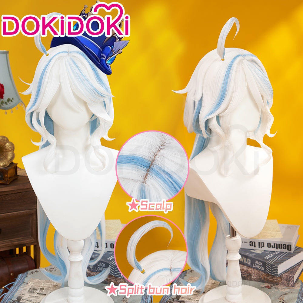 【Ready For Ship】DokiDoki Game Genshin Impact Cosplay Fontaine Focalors Wig Long White Blue Curly Furina Wig / Fake Eyelashes / Hat/ Wefts