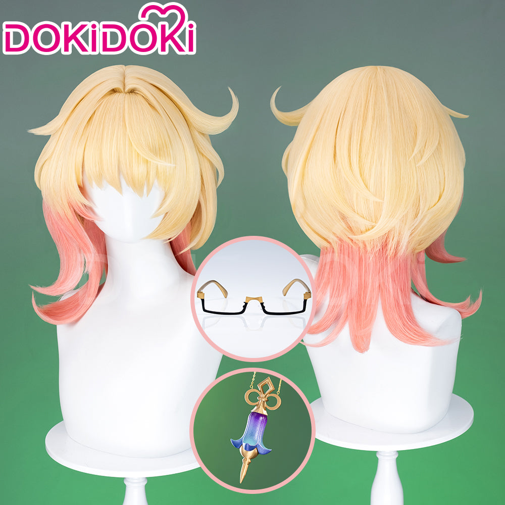 【Ready For Ship】DokiDoki Game Genshin Impact Cosplay Emilie Wig Short Curly Yellow Pink Hair Fontaine / Perfume bottle Necklace / Glasses Prop