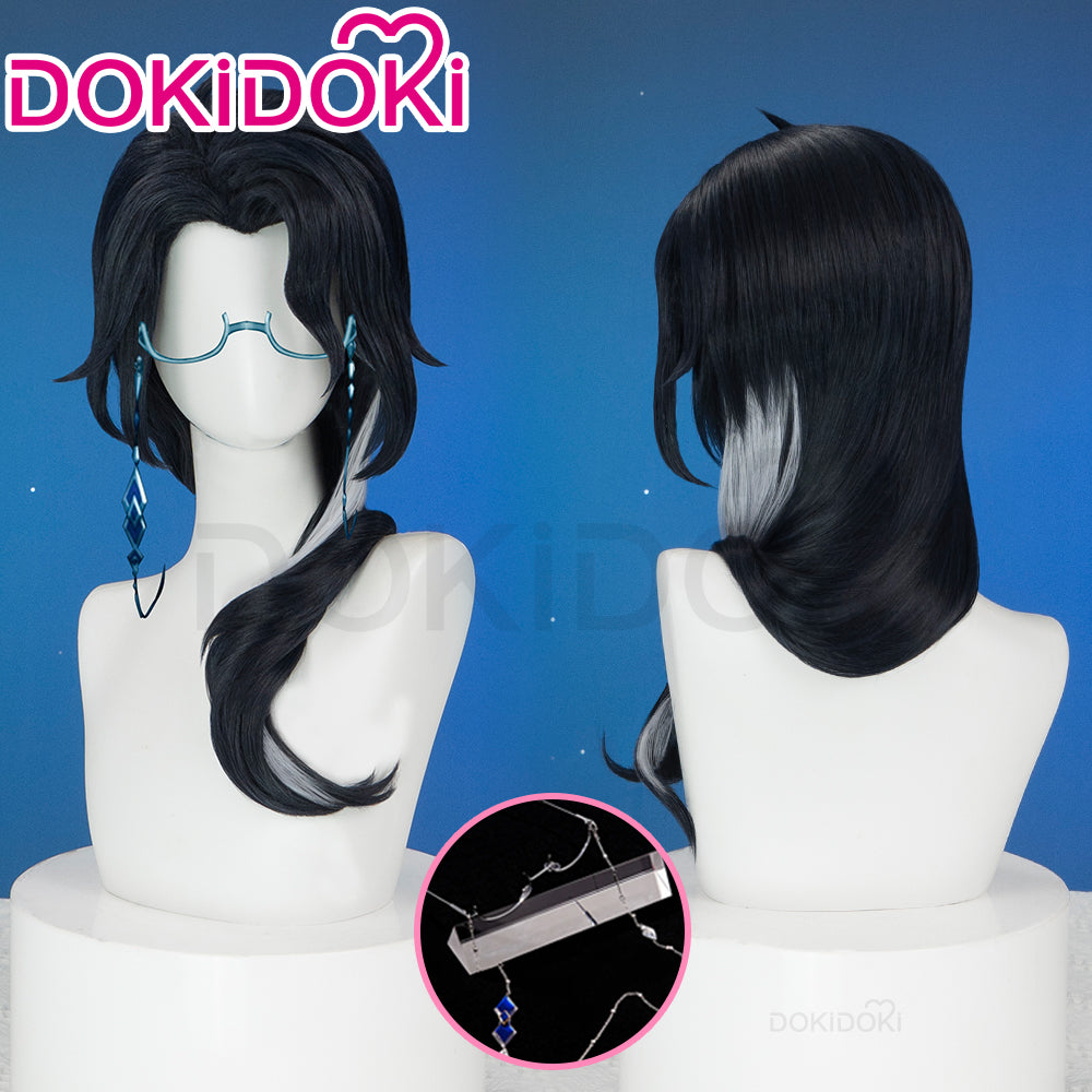 【Ready For Ship】DokiDoki Game Genshin Impact Cosplay Pantalone Wig / Glasses Short Curly Black Purple Hair Fatui Harbinger