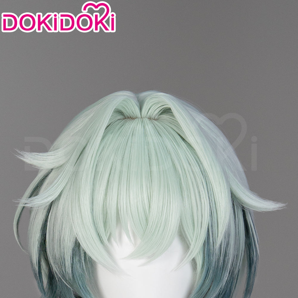 DokiDoki Game Honkai: Star Rail Cosplay Anaxa Wig / Tattoo Long Grey Green Straight Hair Anaxagoras