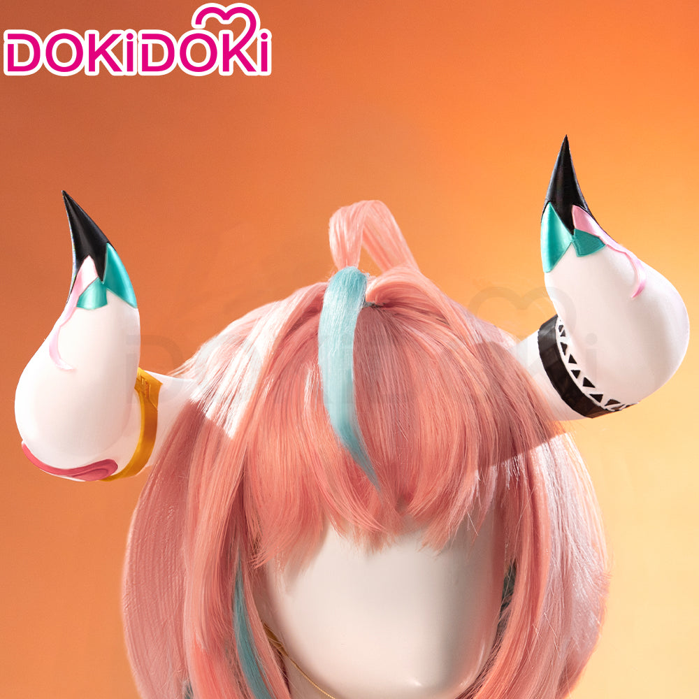 【Wig Ready For Ship】DokiDoki Game Genshin Impact Cosplay Varesa Wig / Horn / Eyelashes Long Pink Green Highlights Hair Removable Ahoge