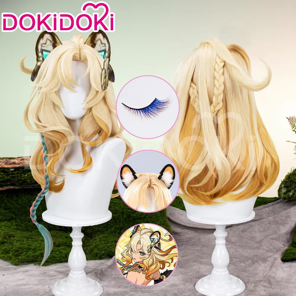 【Ready For Ship】DokiDoki Game Genshin Impact Xilonen Cosplay Wig / Ears Long Curly Yellow Hair Natlan