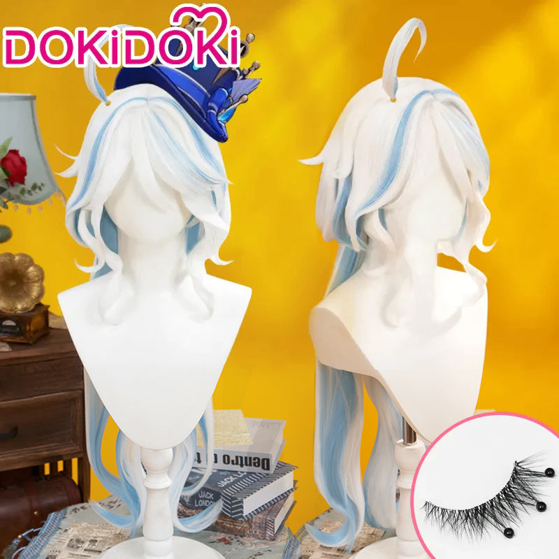 【Ready For Ship】DokiDoki Game Genshin Impact Cosplay Fontaine Focalors Wig Long White Blue Curly Furina Wig / Fake Eyelashes / Hat/ Wefts