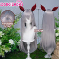 DokiDoki Game Cosplay Wig Long Straight Silver Hair Red Detachable Ears