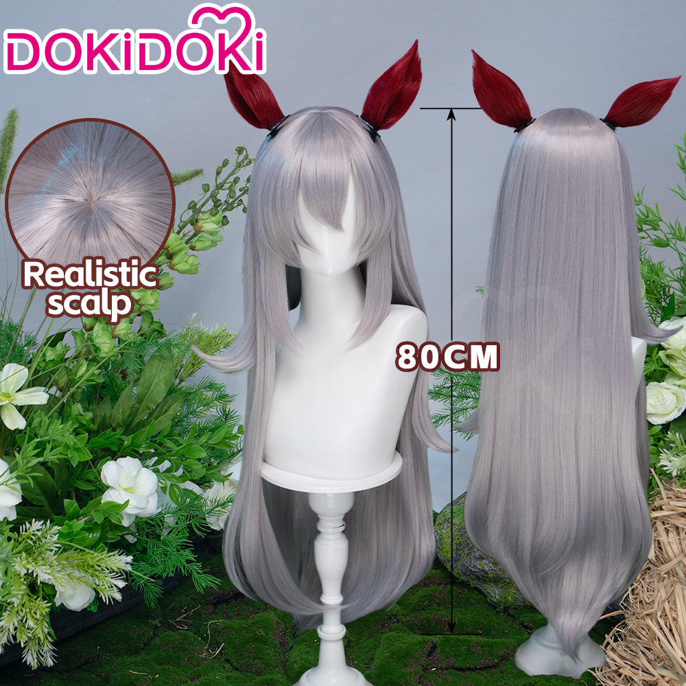 DokiDoki Game Cosplay Wig Long Straight Silver Hair Red Detachable Ears
