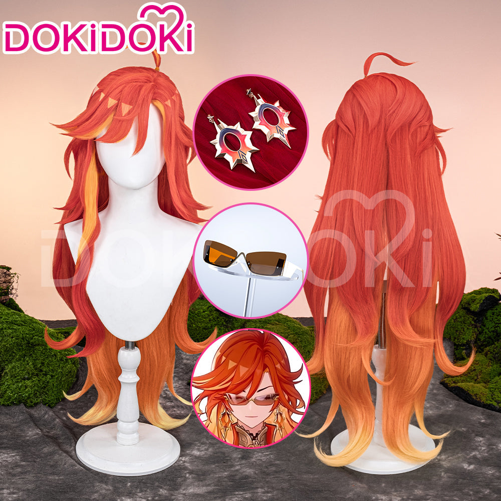 【Ready For Ship】DokiDoki Game Genshin Impact Cosplay Pyro Archon Mavuika Wig / Light Strips/ Wefts / Earclip / Glasses Natlan Long Curly Orange
