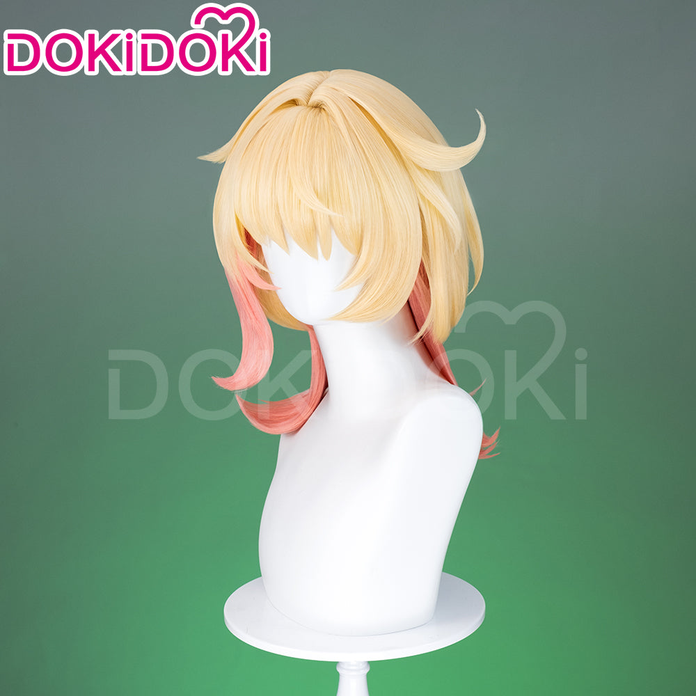 【Ready For Ship】DokiDoki Game Genshin Impact Cosplay Emilie Wig Short Curly Yellow Pink Hair Fontaine / Perfume bottle Necklace / Glasses Prop