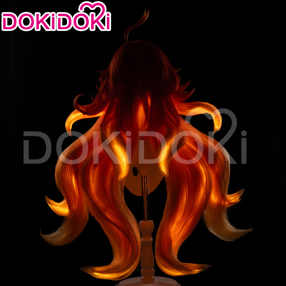【Ready For Ship】DokiDoki Game Genshin Impact Cosplay Pyro Archon Mavuika Wig / Light Strips/ Wefts / Earclip / Glasses Natlan Long Curly Orange