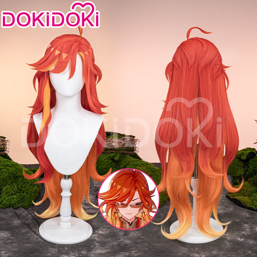 【Ready For Ship】DokiDoki Game Genshin Impact Cosplay Pyro Archon Mavuika Wig / Light Strips/ Wefts / Earclip / Glasses Natlan Long Curly Orange