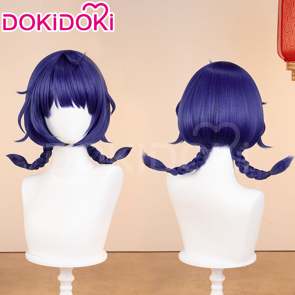 【Ready For Ship】DokiDoki Game Genshin Impact Cosplay Xiang Ling Lantern Rite Wig Short Blue Hair Double Ponytails XiangLing