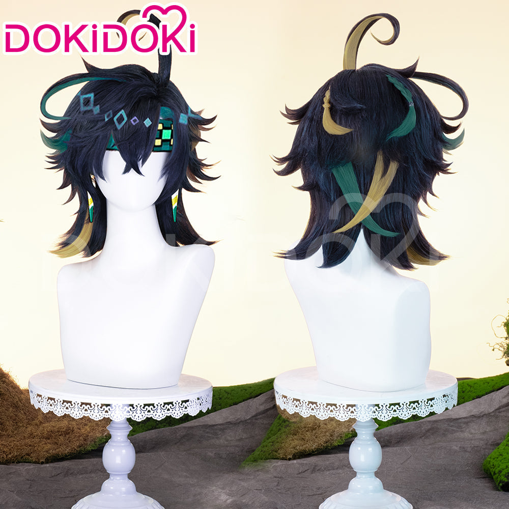 【Ready For Ship】DokiDoki Game Genshin Impact Cosplay Kinich Wig Short Black Green / Yellow Highlights Hair / Tattoo Sticker / Ear Clip / Head Accessories /  Weft Natlan