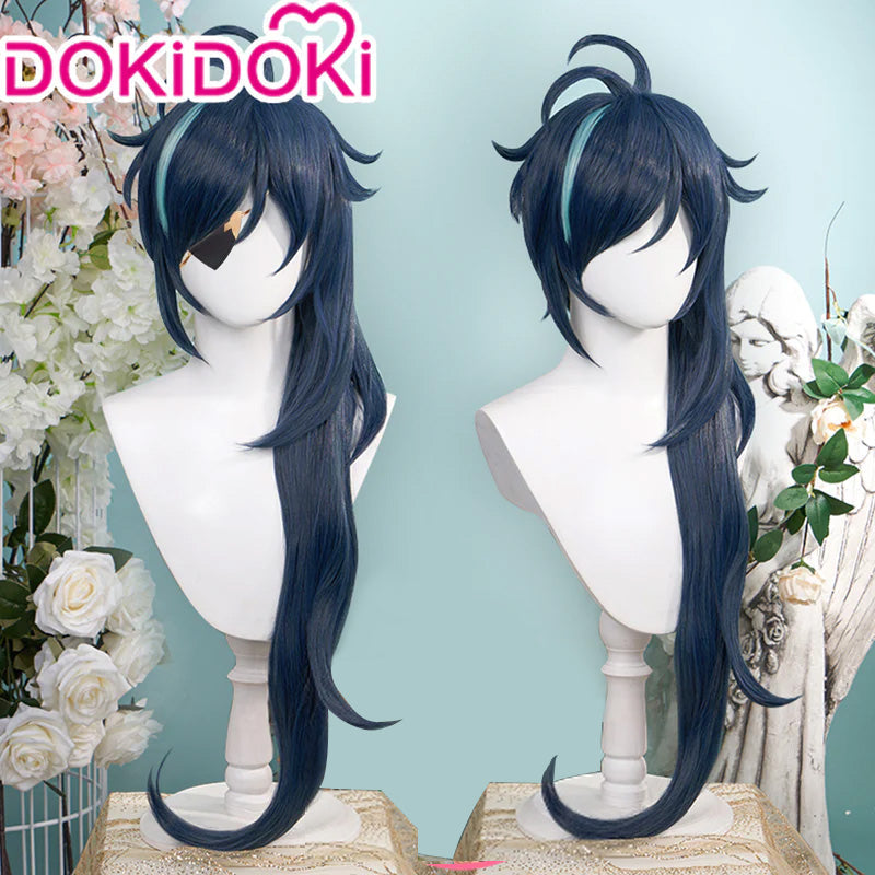 【Ready For Ship】DokiDoki Game Genshin Impact Cosplay  Kaeya Wig/ Eye-Patch  Long Dark Blue
