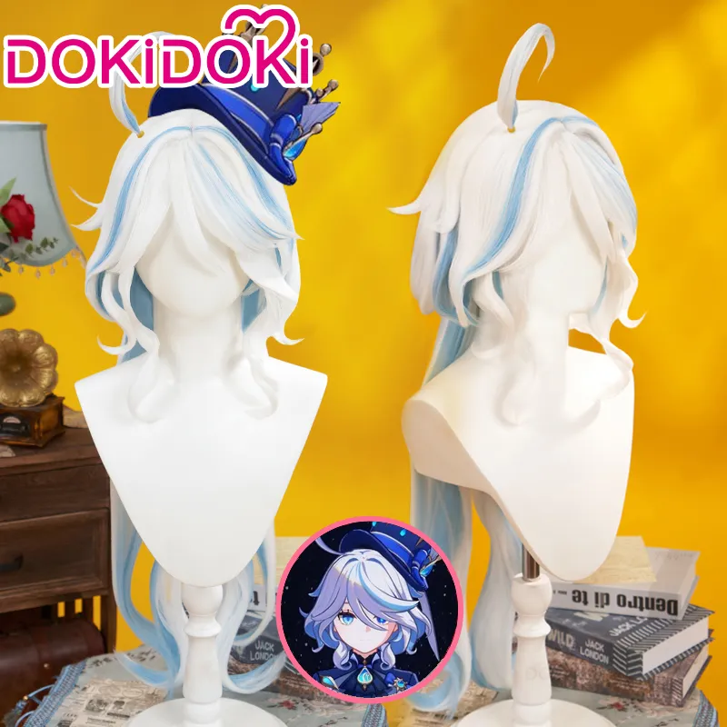 【US/EU LOCAL SHIPPING 】【Long Ver. 】DokiDoki Game Genshin Impact Cosplay Fontaine Focalors Wig Long White Blue Curly Wig Furina Fake Eyelashes