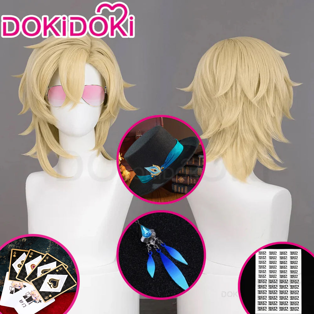 【Ready For Ship】DokiDoki Game Honkai: Star Rail Cosplay Aventurine Wig / Ear Clip / Hat / Bracelet Short Straight Yellow Hair Shajin/ Tattoo Stickers / Glasses Sunglasses / Poker Prop