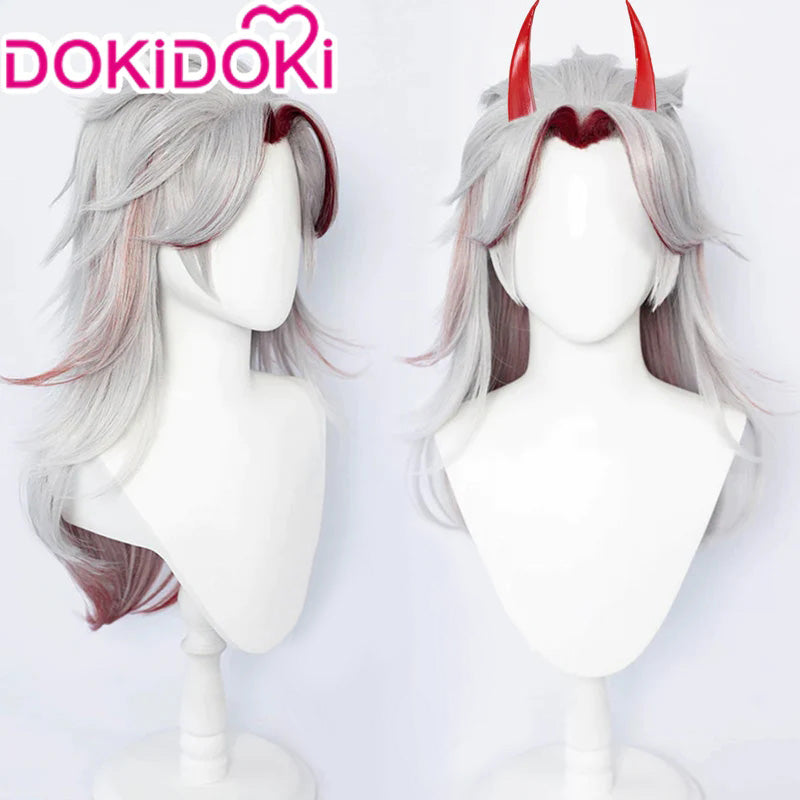【Ready For Ship】DokiDoki Game Genshin Impact Arataki Itto Cosplay Wig Men Long Silver Red / Horns