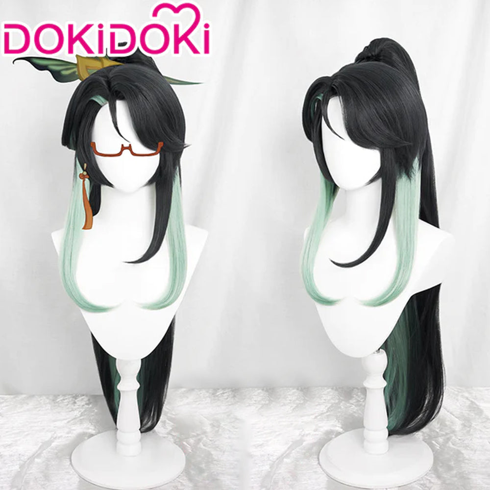 【Ready For Ship】DokiDoki Game Genshin Impact Cloud Retainer Xianyun Cosplay Wig Women Long Black & Green Straight