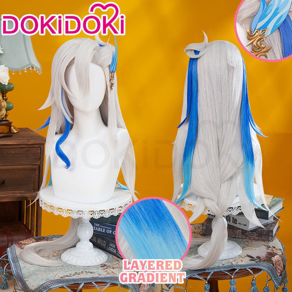 【US/EU LOCAL SHIPPING 】DokiDoki Game Genshin Impact Cosplay Fontaine Neuvillette Wig Long Grey Blue Highlight