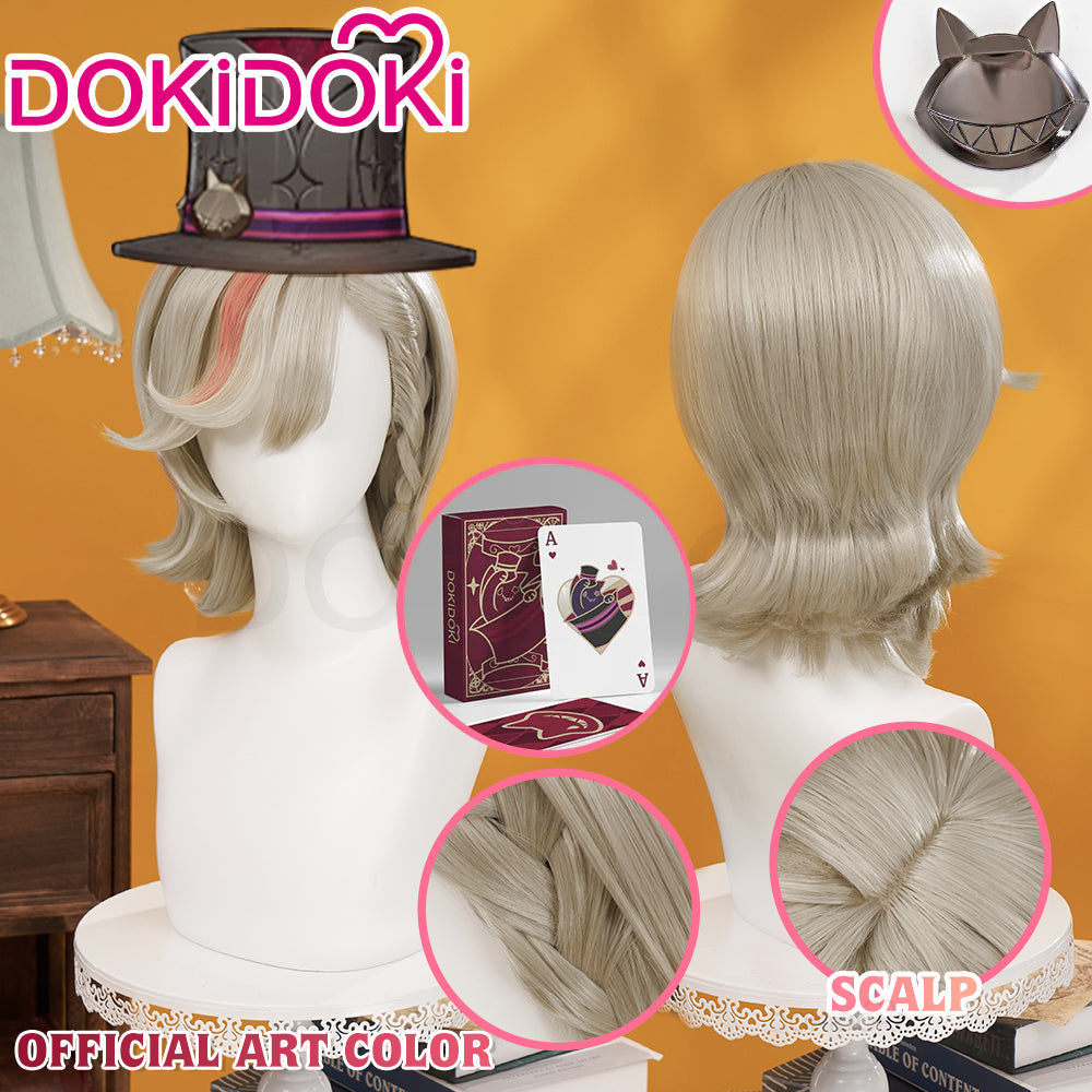 【Partially Ready For Ship】DokiDoki Game Genshin Impact Cosplay Fontaine Lyney Wig Short Silver Red Highlight/ Wefts/ Tattoo Sticker