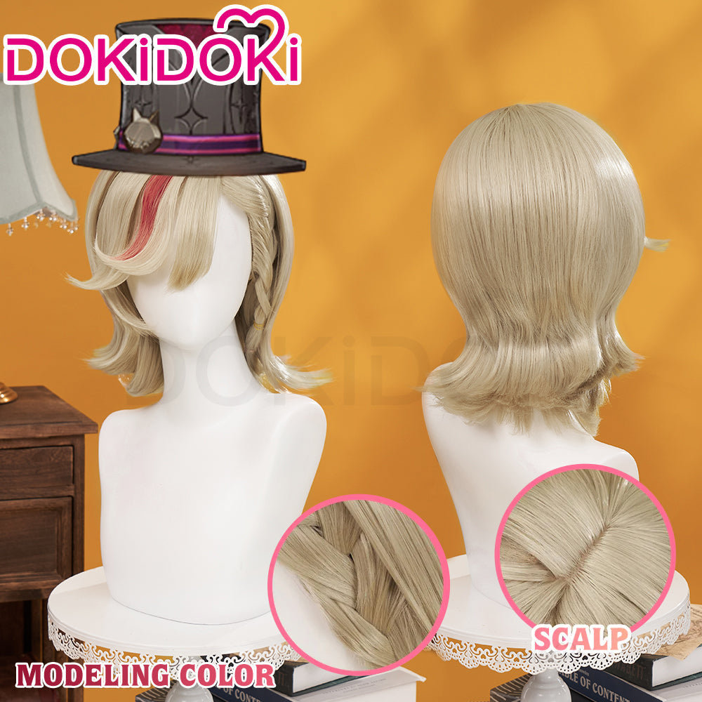 【Partially Ready For Ship】DokiDoki Game Genshin Impact Cosplay Fontaine Lyney Wig Short Silver Red Highlight/ Wefts/ Tattoo Sticker