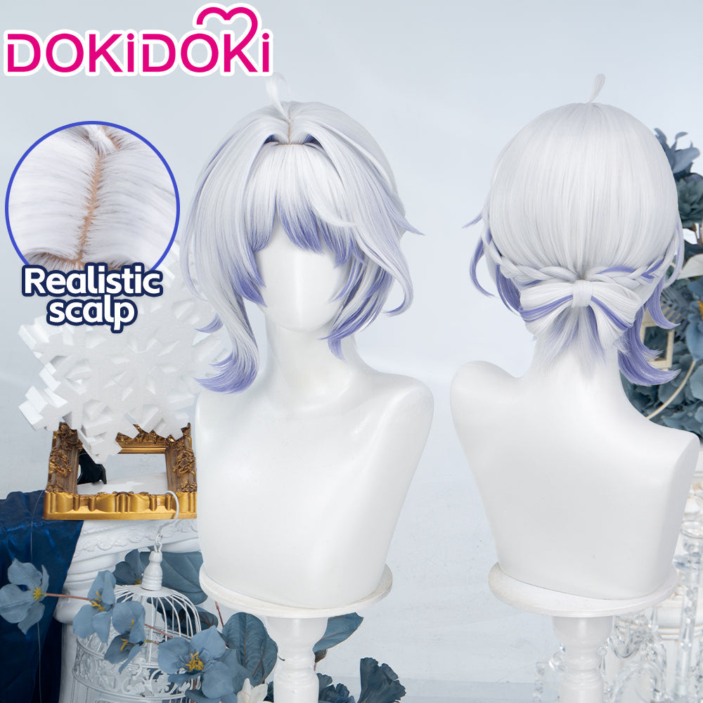 DokiDoki Game Genshin Impact Cosplay Aksinya Wig Short Silver Purple Highlight Hair Court Jester Snezhnaya