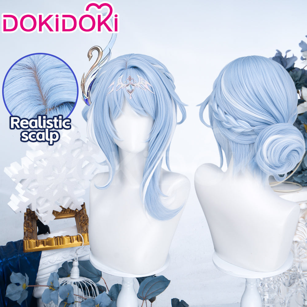 DokiDoki Game Genshin Impact Cosplay Odette Wig Long Blue White Highlight Hair Buns Snezhnaya