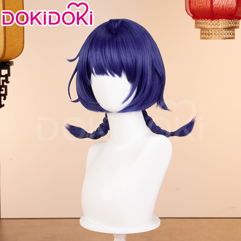 【Ready For Ship】DokiDoki Game Genshin Impact Cosplay Xiang Ling Lantern Rite Wig Short Blue Hair Double Ponytails XiangLing