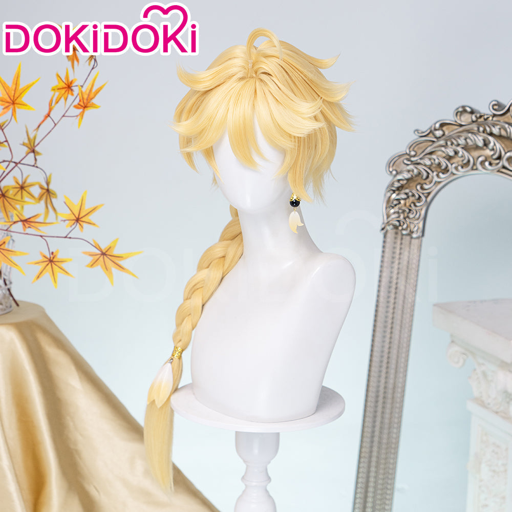 【Partially Ready For Ship】DokiDoki Game Genshin Impact Cosplay Traveler Aether Wig / Earring Long Blonde Hair Kong As Heaven and Earth Are Made Anew