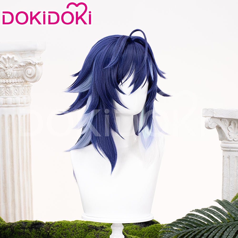 【Ready For Ship】DokiDoki Game Genshin Impact Ororon Cosplay Wig / Tattoo Sticker / Ears Long Straight Navy Blue Light Blue Highlights Hair Natlan