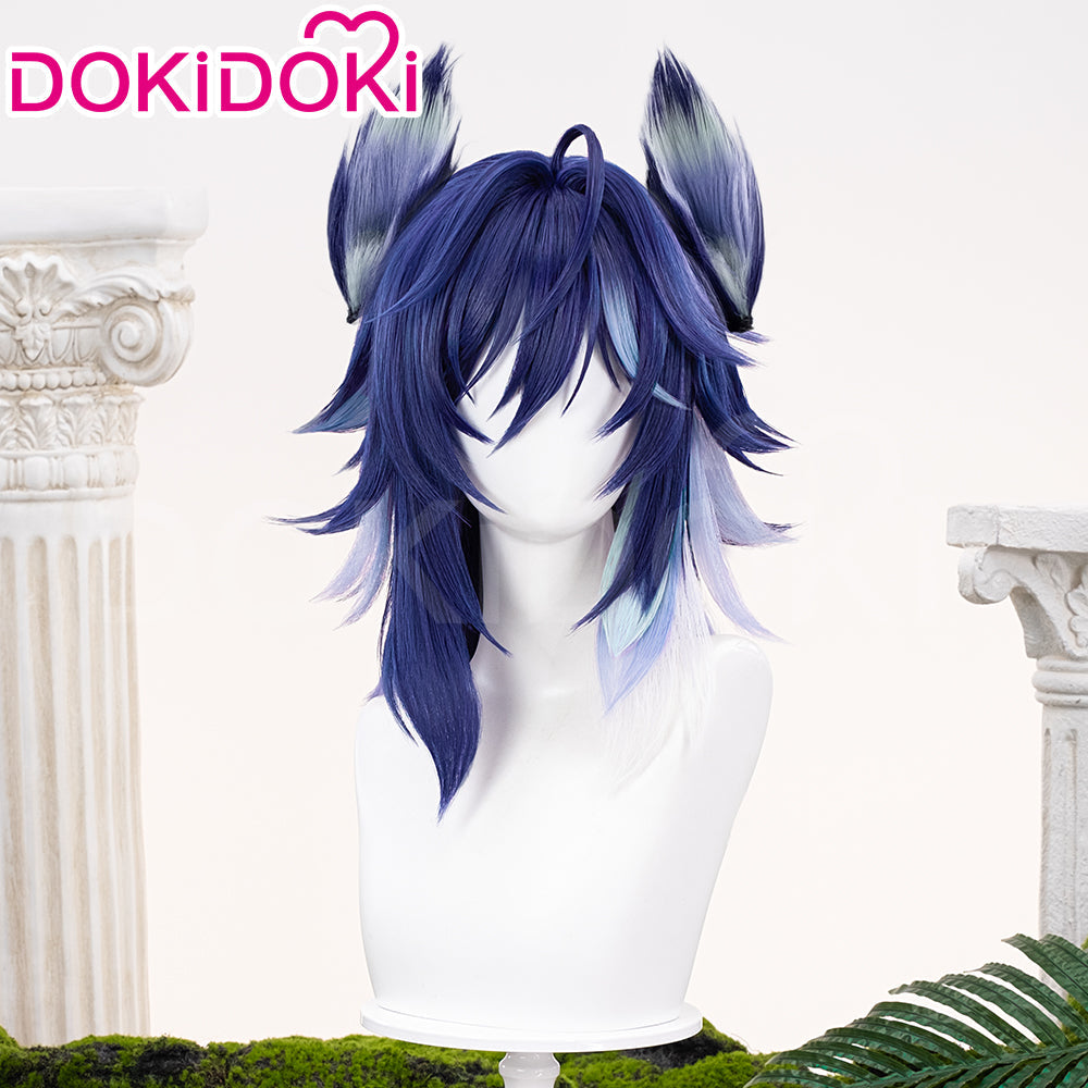 【Ready For Ship】DokiDoki Game Genshin Impact Ororon Cosplay Wig / Tattoo Sticker / Ears Long Straight Navy Blue Light Blue Highlights Hair Natlan