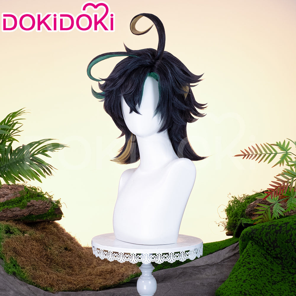 【Ready For Ship】DokiDoki Game Genshin Impact Cosplay Kinich Wig Short Black Green / Yellow Highlights Hair / Tattoo Sticker / Ear Clip / Head Accessories /  Weft Natlan