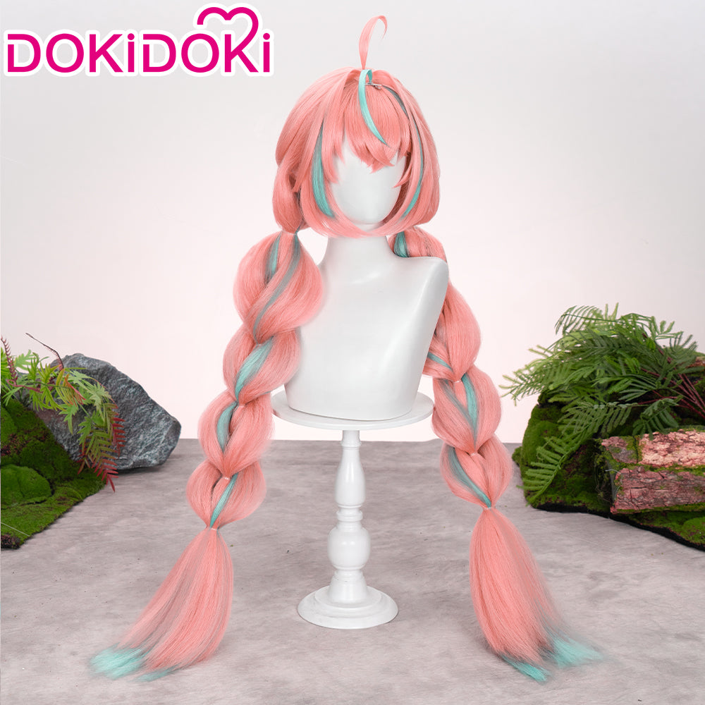 【Wig Ready For Ship】DokiDoki Game Genshin Impact Cosplay Varesa Wig / Horn / Eyelashes Long Pink Green Highlights Hair Removable Ahoge