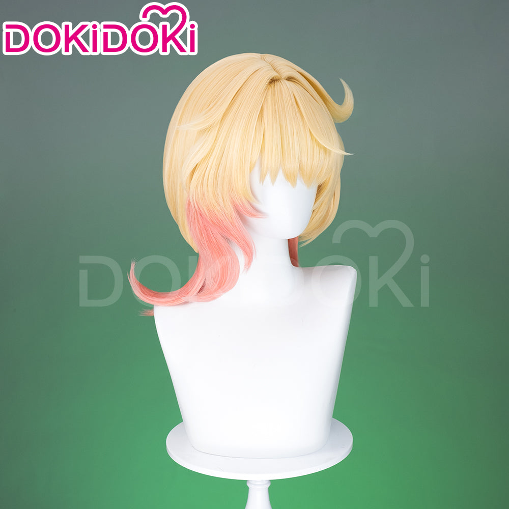 【Ready For Ship】DokiDoki Game Genshin Impact Cosplay Emilie Wig Short Curly Yellow Pink Hair Fontaine / Perfume bottle Necklace / Glasses Prop